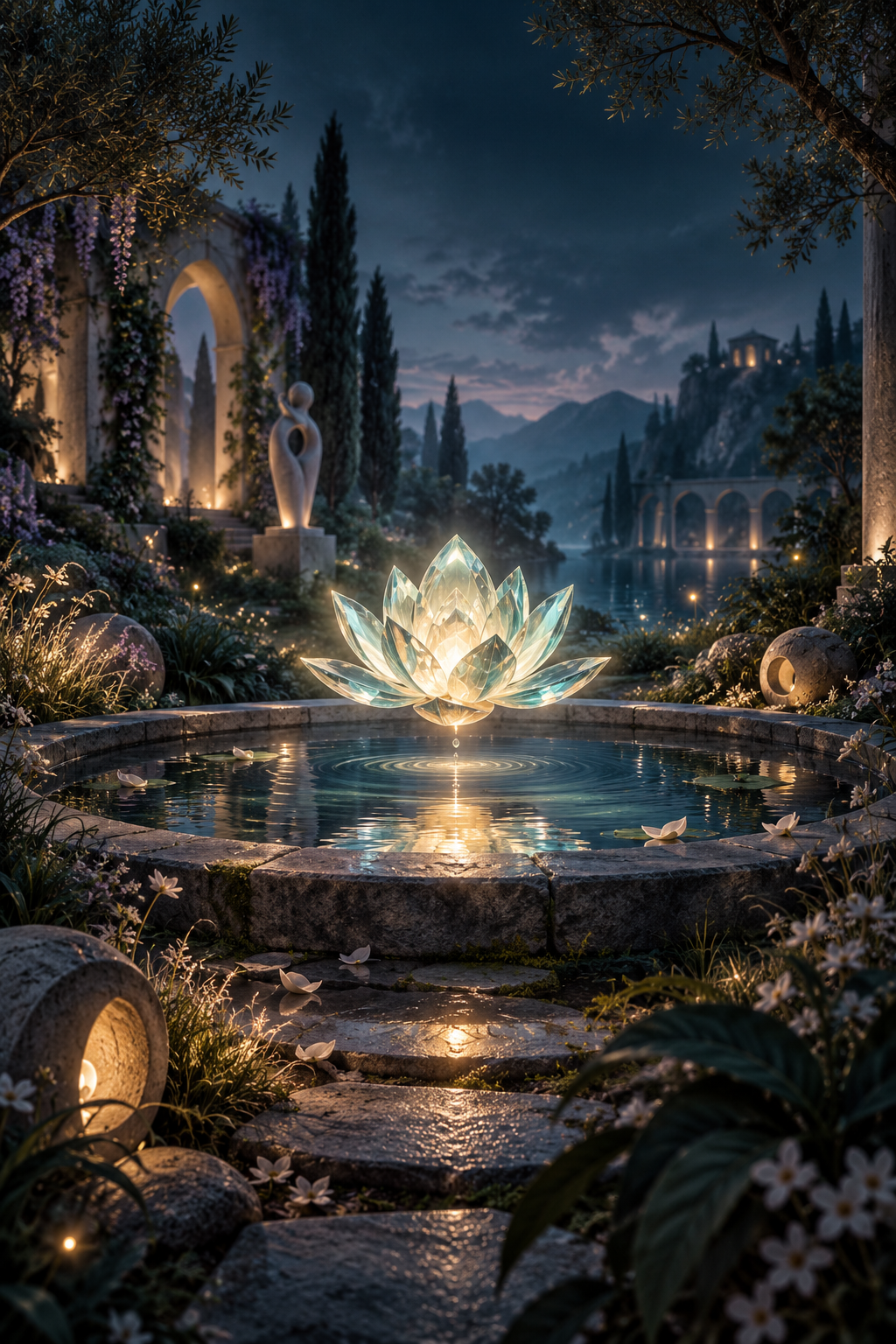 A luminous crystal lotus above a moonlit garden pool